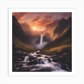 Waterfall At Sunset 1 Art Print