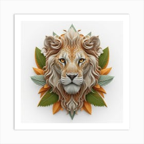 Lion Head With Leaves Art Print