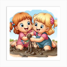 Two Little Girls Playing In The Mud Art Print