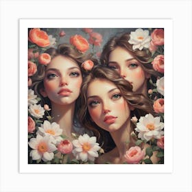 Three Girls With Roses Art Print