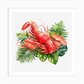 Red Lobster With Tropical Leaves Art Print