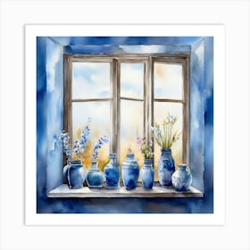 Blue wall. Open window. From inside an old-style room. Silver in the middle. There are several small pottery jars next to the window. There are flowers in the jars Spring oil colors. Wall painting.51 Art Print