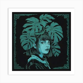 Girl With Green Leaves On Her Head Art Print