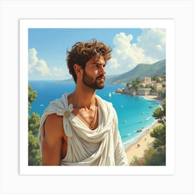 Graceful Greek Man In Watercolor, With The Stunning Backdrop Of A Classic Seaside Vista 1 Art Print