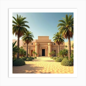 Ancient Egyptian Temple Surrounded By Lush Palm Trees And Golden Sand 1 Art Print