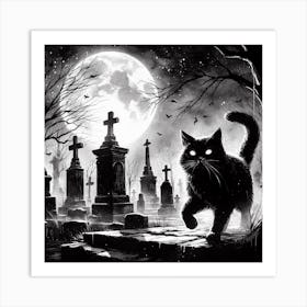 Black Cat In Cemetery Art Print