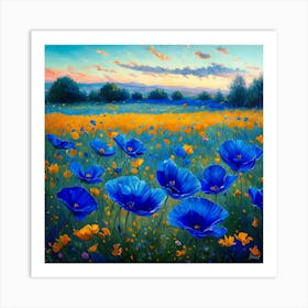 Blue Poppies 01 - Style -Van Gogh Art Print