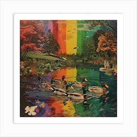 Rainbow Ducks In The Pond 2 Art Print