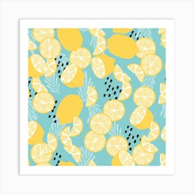 Lemon And Lemon Slices Pattern With Decoration Square Art Print