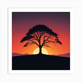 Silhouette Of A Tree At Sunset, A Minimalist Line Drawing Of A Lone Tree Silhouetted Against A Fiery Sunset Art Print