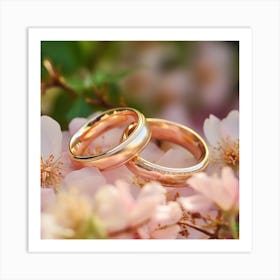 Wedding Rings On Pink Flowers Art Print