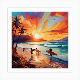 Sunset Surfers 1 Art Print