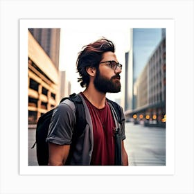 Man With Glasses And Backpack Art Print