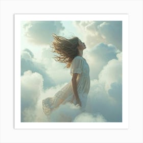 A Girl Mid Dream Appears Weightlessly Floating Amidst Billowing Clouds That Possess A Surreal Ethe Art Print