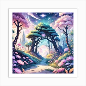 A Fantasy Forest With Twinkling Stars In Pastel Tone Square Composition 303 Art Print