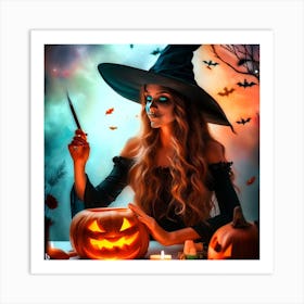 Halloween Witch With Pumpkin Art Print