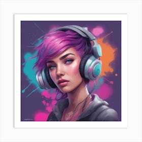 Girl With Purple Hair And Headphones Art Print