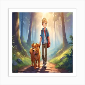 Boy And Dog In The Forest Art Print