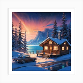 Twilight Glow on a Snowy Cabin Retreat by a Frozen Lake in the Mountains Art Print