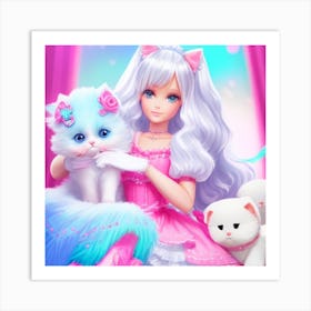 Kawaii Girl With Animals Art Print