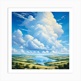 Cumulus Clouds Cotton Like In Texture Dominate The Expansive Azure Sky While A Serene Landscape Un (3) Art Print