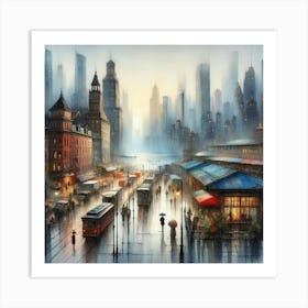 Rainy Cityscape Watercolor Painting Inspired by Bernard Buffet: Detailed Impressionism with Realistic Nostalgia Art Print