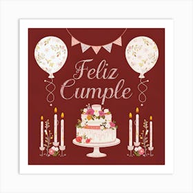 Feliz cumple and Feliz cumpleaños sign means Happy Birthday in Spanish language, Birthday party celebration gift with birthday cake candle colorful balloons best congratulation over light background wall artFeliz Cumple 41 Art Print