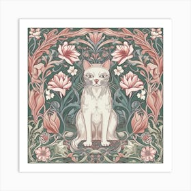 William Morris  Inspired  Classic Cats Sage And Pink Square Art Print