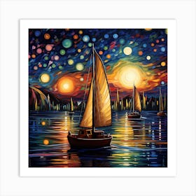 Sailboats At Night 1 Art Print