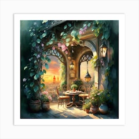 Quiet and attractive dining nook, overgrown flowers, high quality, detailed, highly 3D, elegant carved cart, 1 Art Print