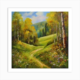 Birch Forest.Canada's forests. Dirt path. Spring flowers. Forest trees. Artwork. Oil on canvas. Art Print