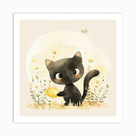 Black Cat With Yellow Flower Art Print