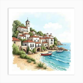 Spanish Coastal Village With Quaint Houses Depicted In Watercolor Art Print