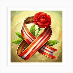 Red Carnation With Striped Ribbon Watercolor Illustration Art Print