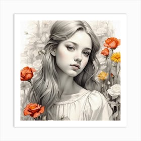 Girl With Flowers Art Print