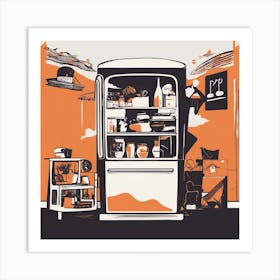 A Silhouette Of A Fridge Wearing A Black Hat And Laying On Her Back On A Orange Screen, In The Style (2) Art Print