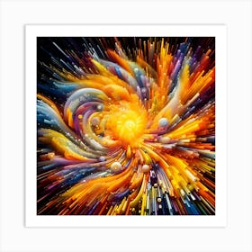 A visualization representing immense joy. Use vibrant colors, such as yellows and oranges, coming together in dynamic shapes to convey joy and celebration. Art Print