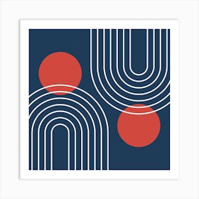 Mid Century Modern Geometric In Navy Blue And Clear Red (Rainbow And Sun Abstract) 02 Art Print