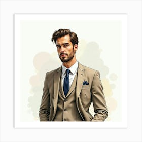 Spanish Man In Classic Suit, Watercolor With Soft Elegance 1 Art Print