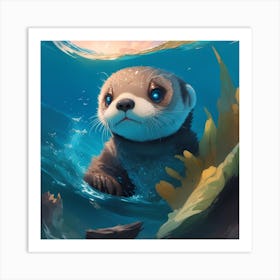 A Detailed Photograph Of A Cute Baby Sea Otter Peeking His Head Out Of The Ocean Art Print