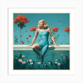 The Pool And The Red Flowers Art Print