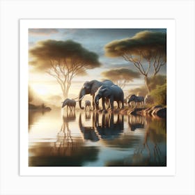 Elephants By The Water Art Print