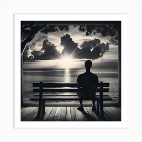 Photo Of A Black And White Picture Of A Person Facing The Sunset From A Bench 3 Art Print