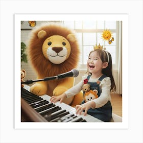 Little Girl Playing Piano With Lion 1 Art Print