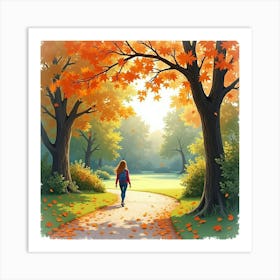 An Afternoon Stroll Through An English Park With Autumn Leaves, Watercolor 1 Art Print