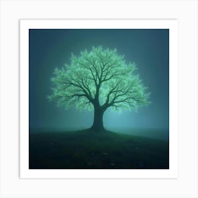 An Ethereal Tree With Bioluminescent Leaves Casting A Magical Glow Over A Misty Landscape Art Print