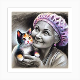 Old Lady With Kitten Art Print