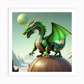 green woody dragon on round planet Art Print