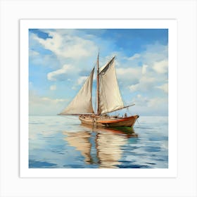 Sailing Boat On Serene Waters With Blue Sky And White Clouds Art Print