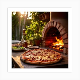 A Picturesque Italian Style Outdoor Pizza Oven With A Fiery Red Hot Interior Sizzling With Flames Art Print